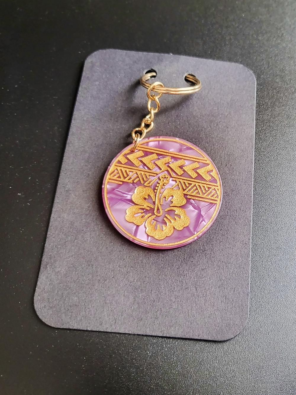 Gold & Purple Hibiscus Round Keychain